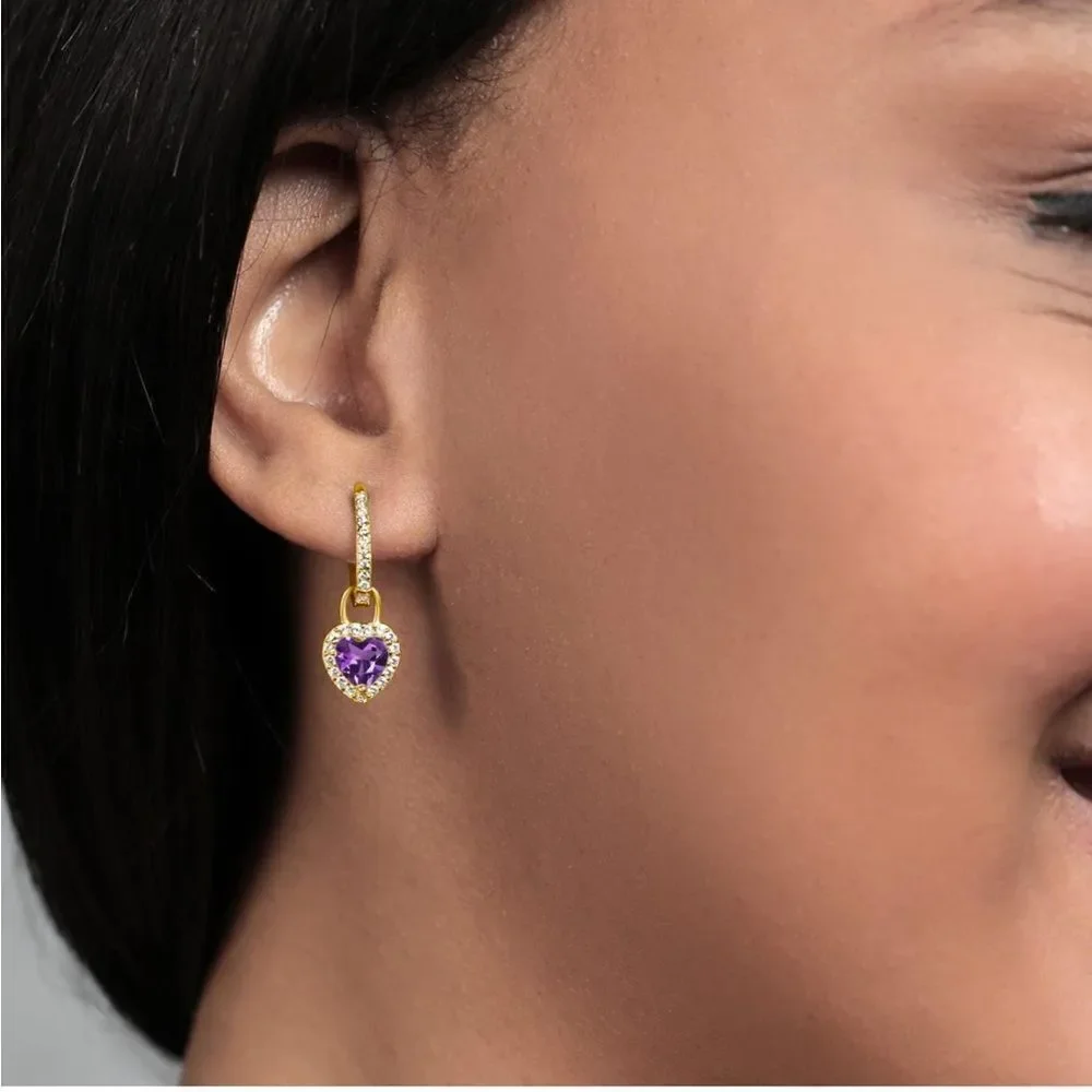 18K Yellow Gold 925 with 2.10 Cttw Amethyst and White Sapphire Heart Earrings